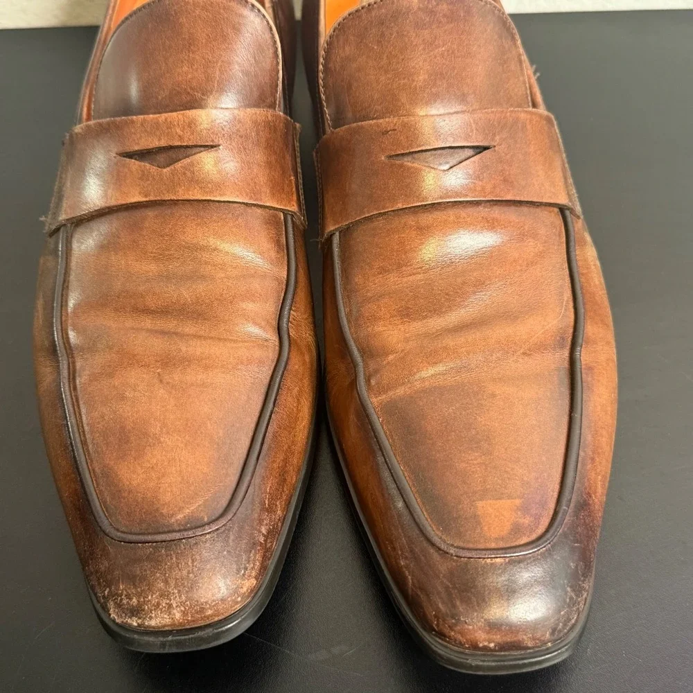 Santoni Penny Loafer Mens 11.5 Brown Leather Burnished Apron Toe Made in Italy